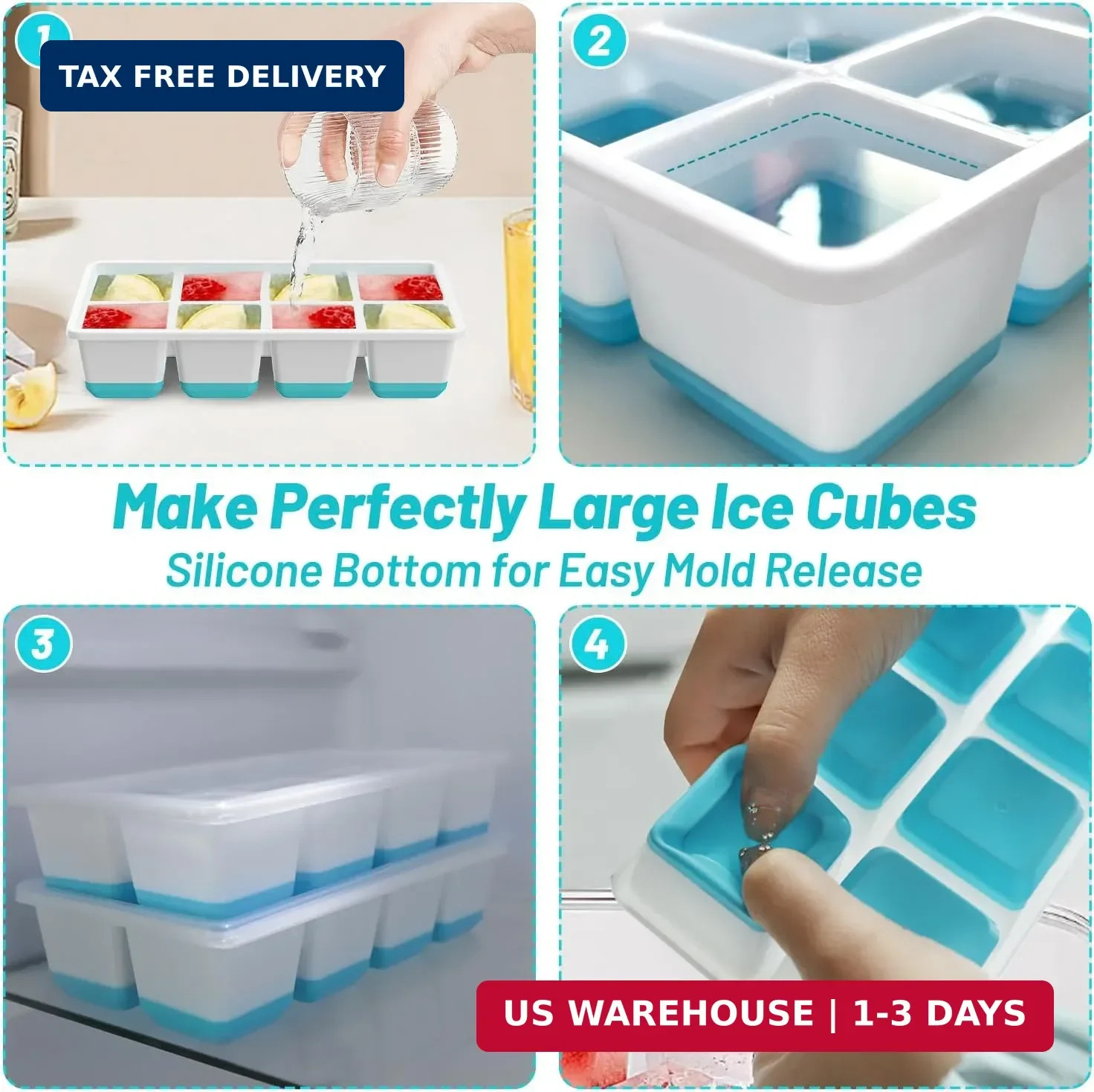 VEHHE Ice Cube Tray, 2 Pack Reusable Large Ice Cube Molds, Ice Cube Trays for Fr