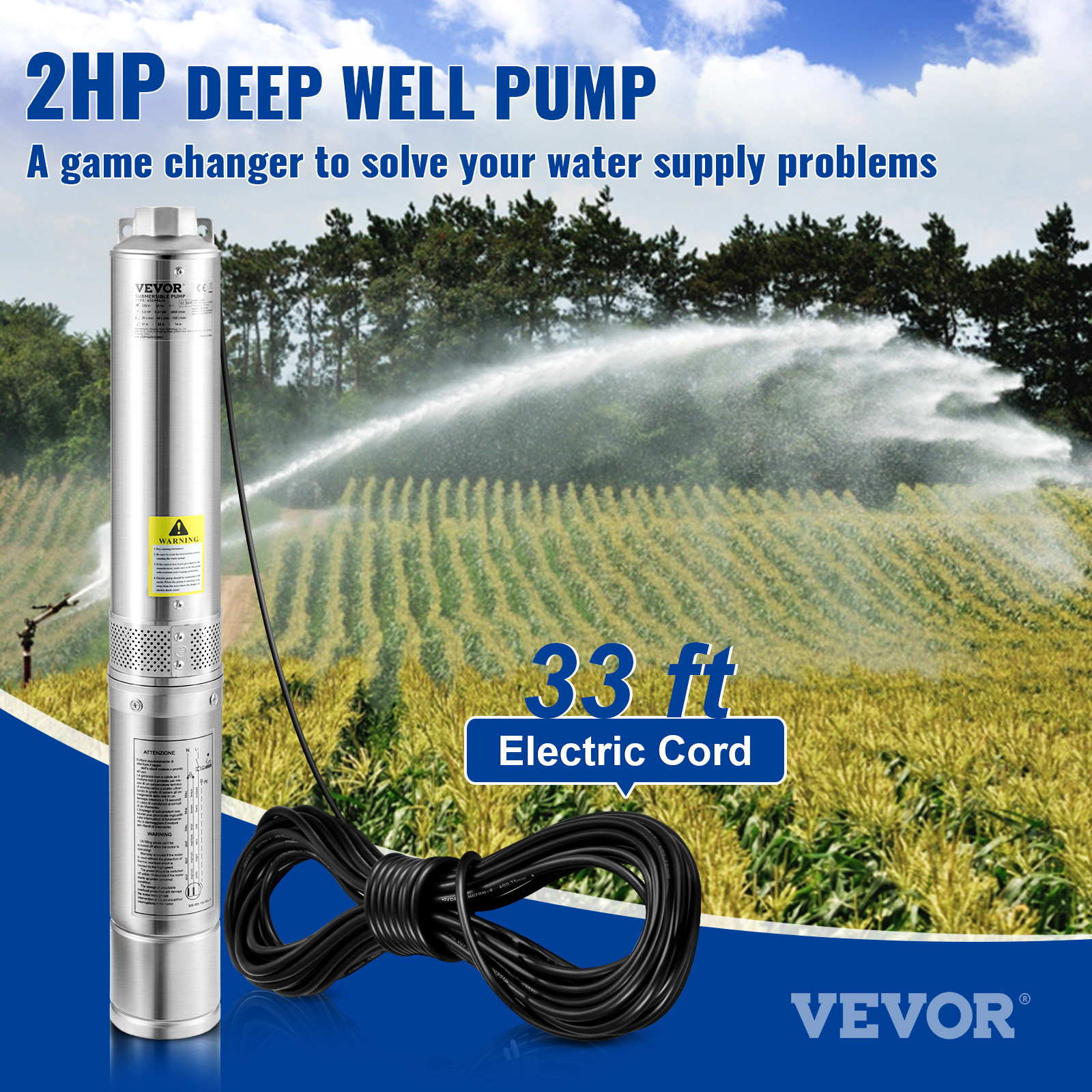VEVOR Deep Well Submersible Pump Stainless Steel Water Pump 2HP 230V 37GPM 427ft