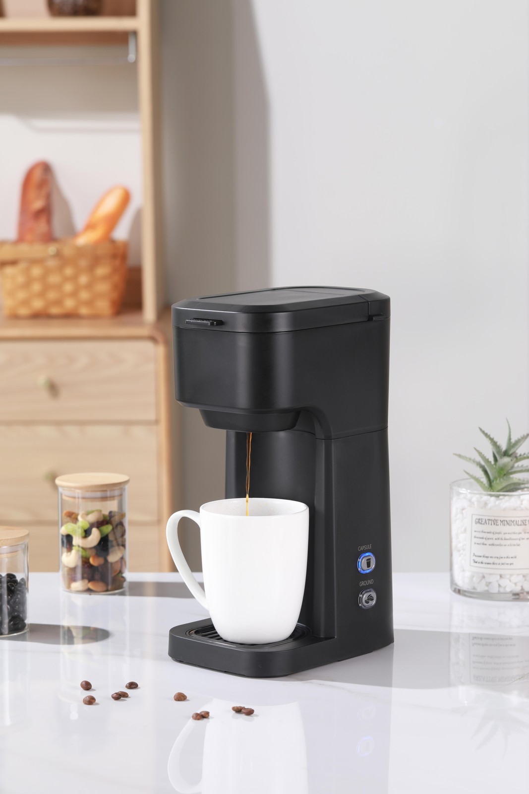 Black Matte Dual Brew Coffee Maker, Single Serve, Auto Shutoff, 14 Oz Reservoir