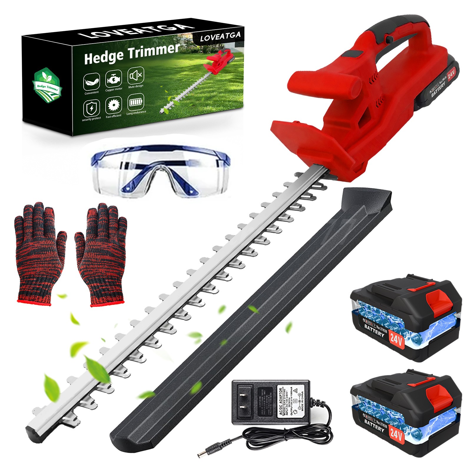 20/22In-24V Cordless Hedge Trimmer Cordless Electric Hedge Trimmer w/2 Batteries