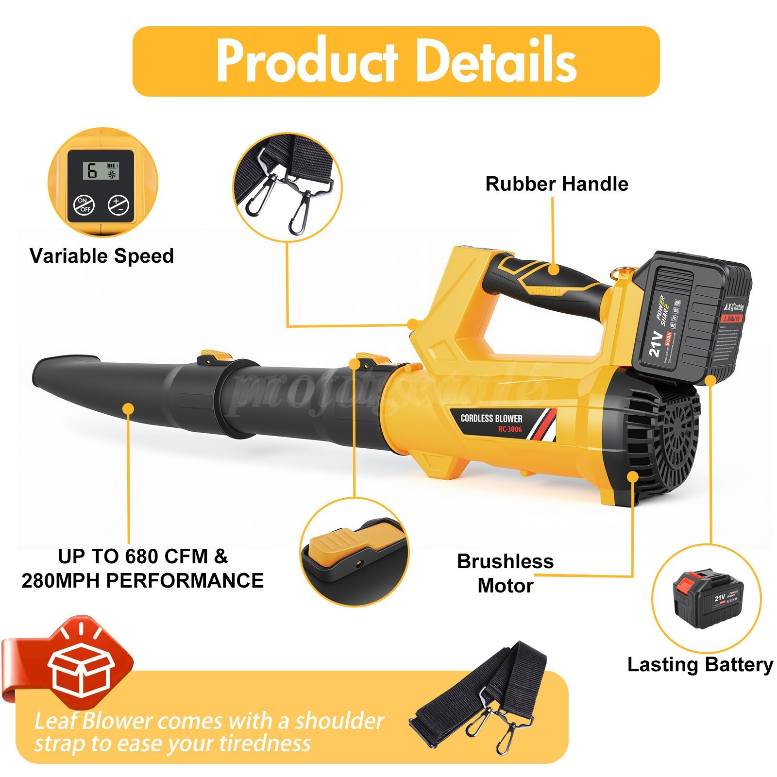 Cordless Leaf Blower 650CFM/280MPH & 6 Speed Levels Electric w/2 Batteries 6.0Ah