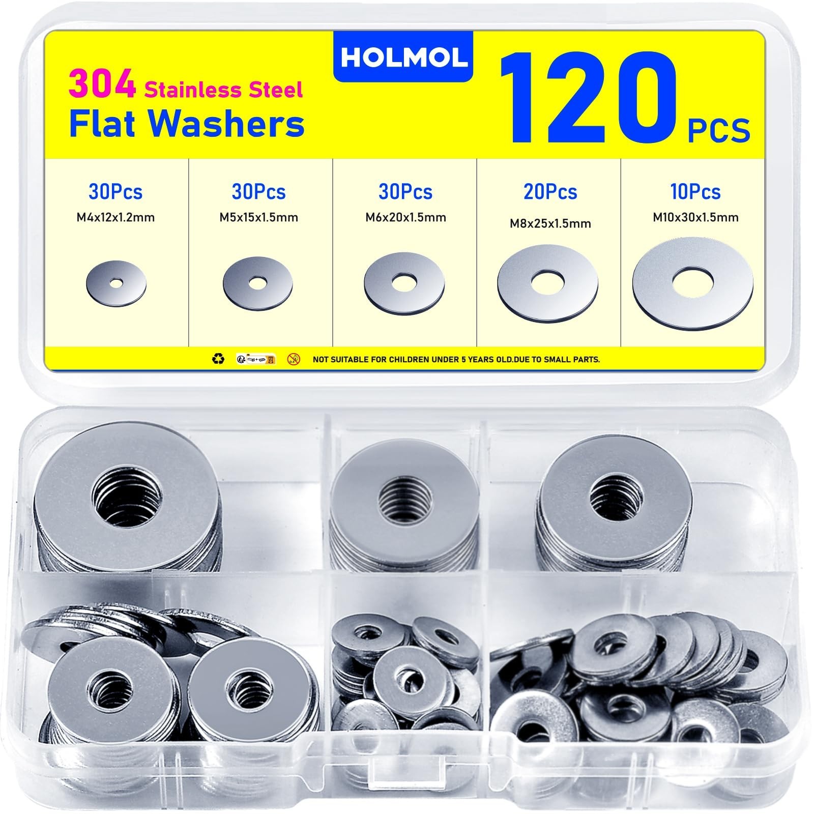 120PCS Washers for Screws, HOLMOL Stainless Steel Flat Washer Assortment with…