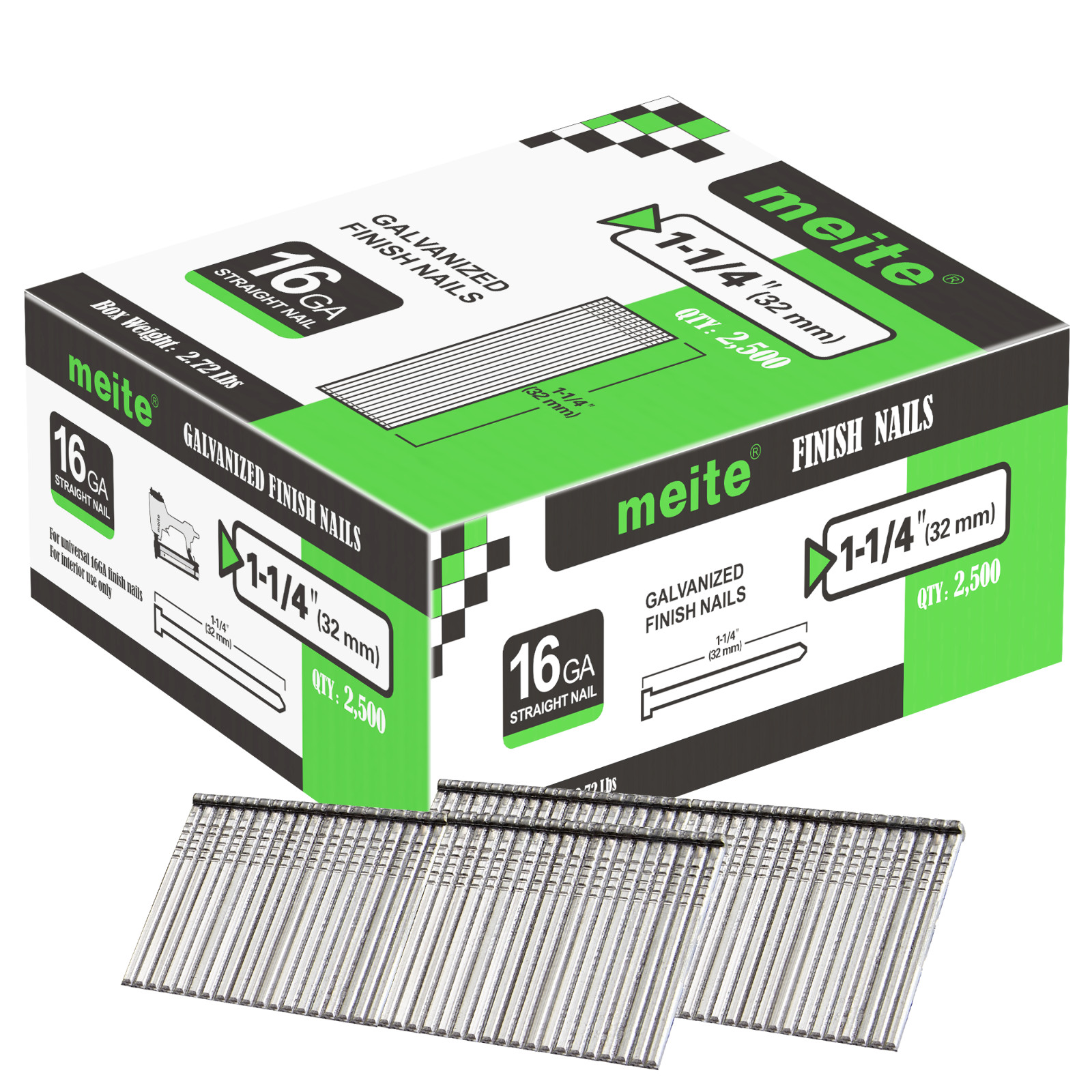 2,500 pcs meite 16 Gauge Finish Brad Nails 7/8″ to 2-1/2″ Galvanized (T Series)