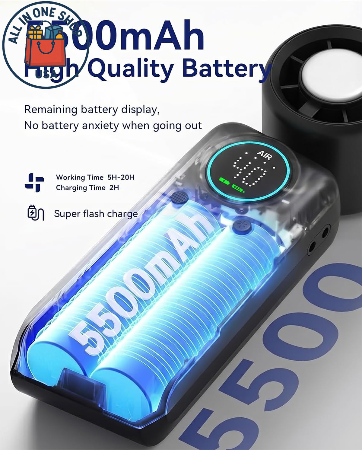Rechargeable Portable Handheld Fan with LED Display and Stepless Speed Control