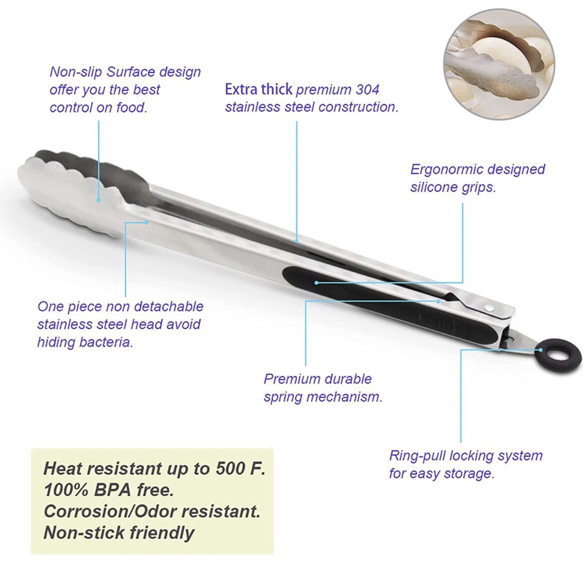 304 Stainless Steel Kitchen Cooking Tongs, 9″ and 12″ Set of 2
