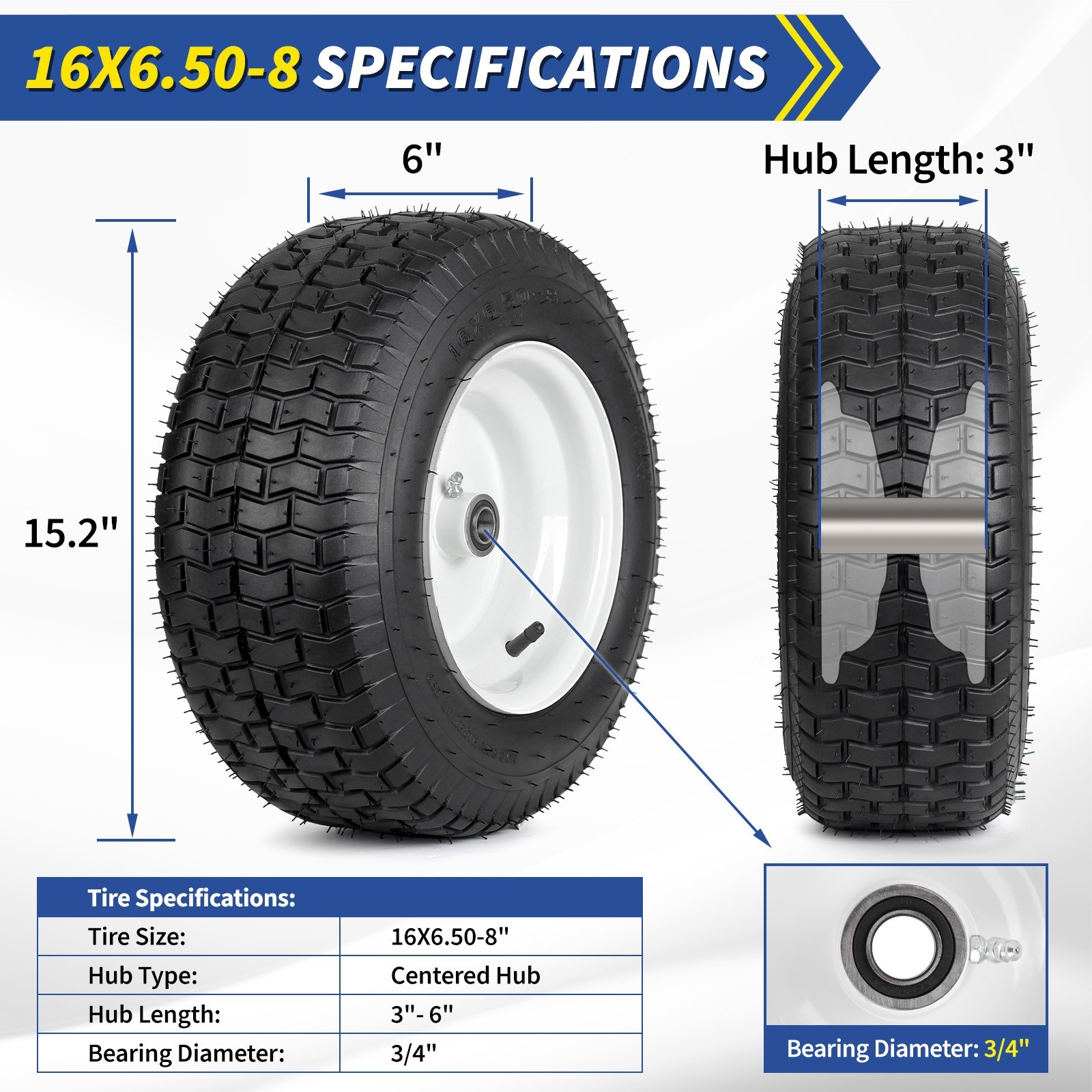 2-Set 16 x 6.50-8 Garden Tractor Riding Lawn Mower Rubber Pneumatic Tire & Wheel