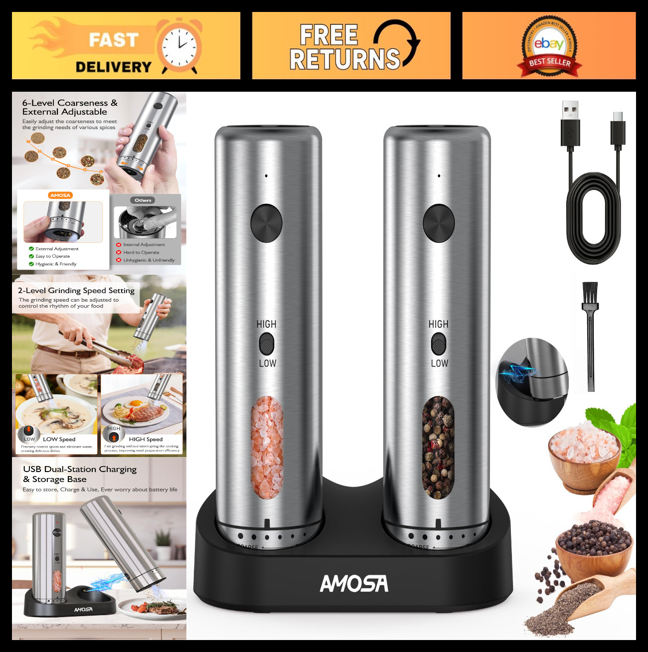 Rechargeable Electric Salt & Pepper Grinder Set – Stainless Steel, 2-Speed, Adju