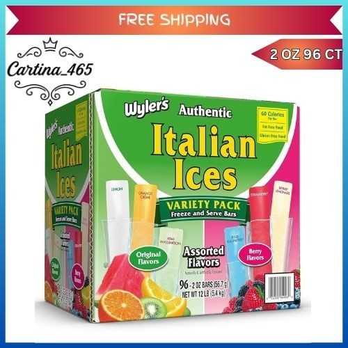Wyler’s Authentic Italian Ice 2oz bars 96ct Fat Free Freezer-Assorted Flavors