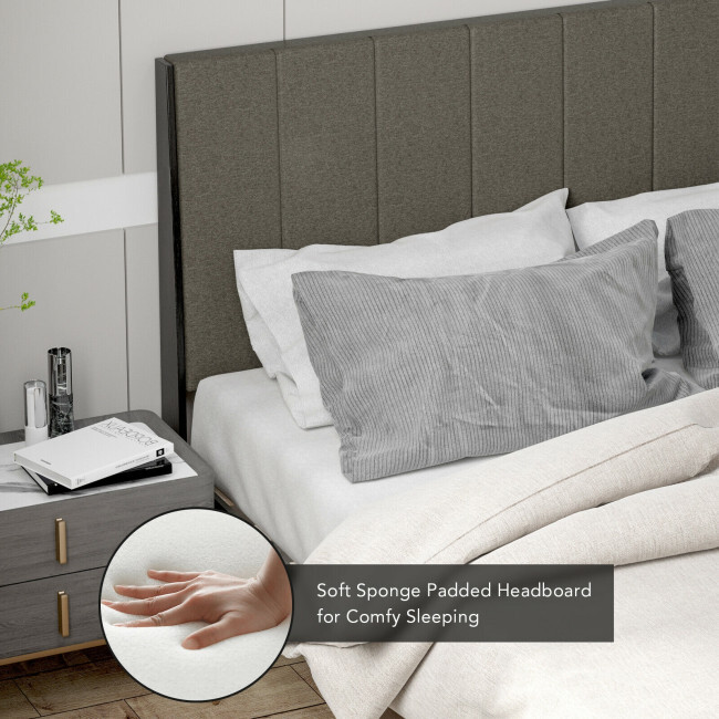 Queen Size Bed Frame Tufted Upholstered Headboard Bedroom W/ Solid Wooden Slat