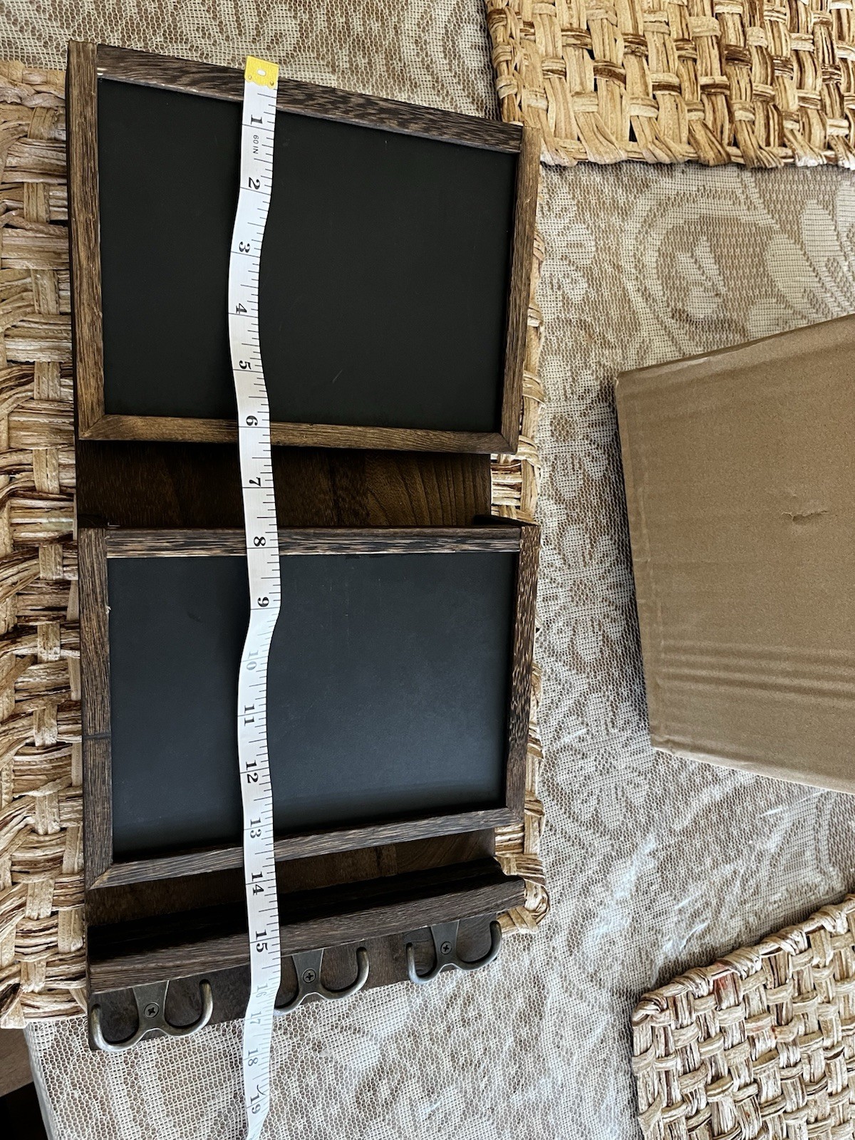 Rustic Wood & Metal Wall-Mount Key Mail Rack, 6 Hooks, 2 Slots, Chalkboards