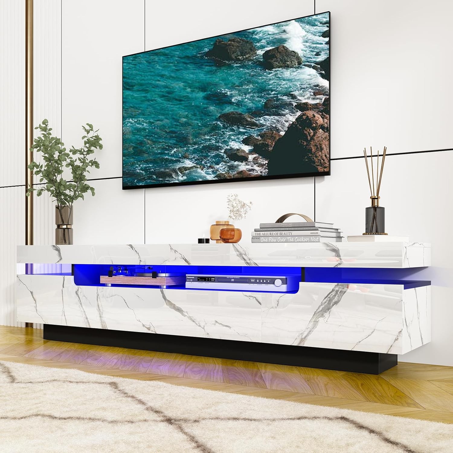 Uspeedy 70IN White TV Stand for 75/80 inch TV,Modern LED TV Stand for Living Roo