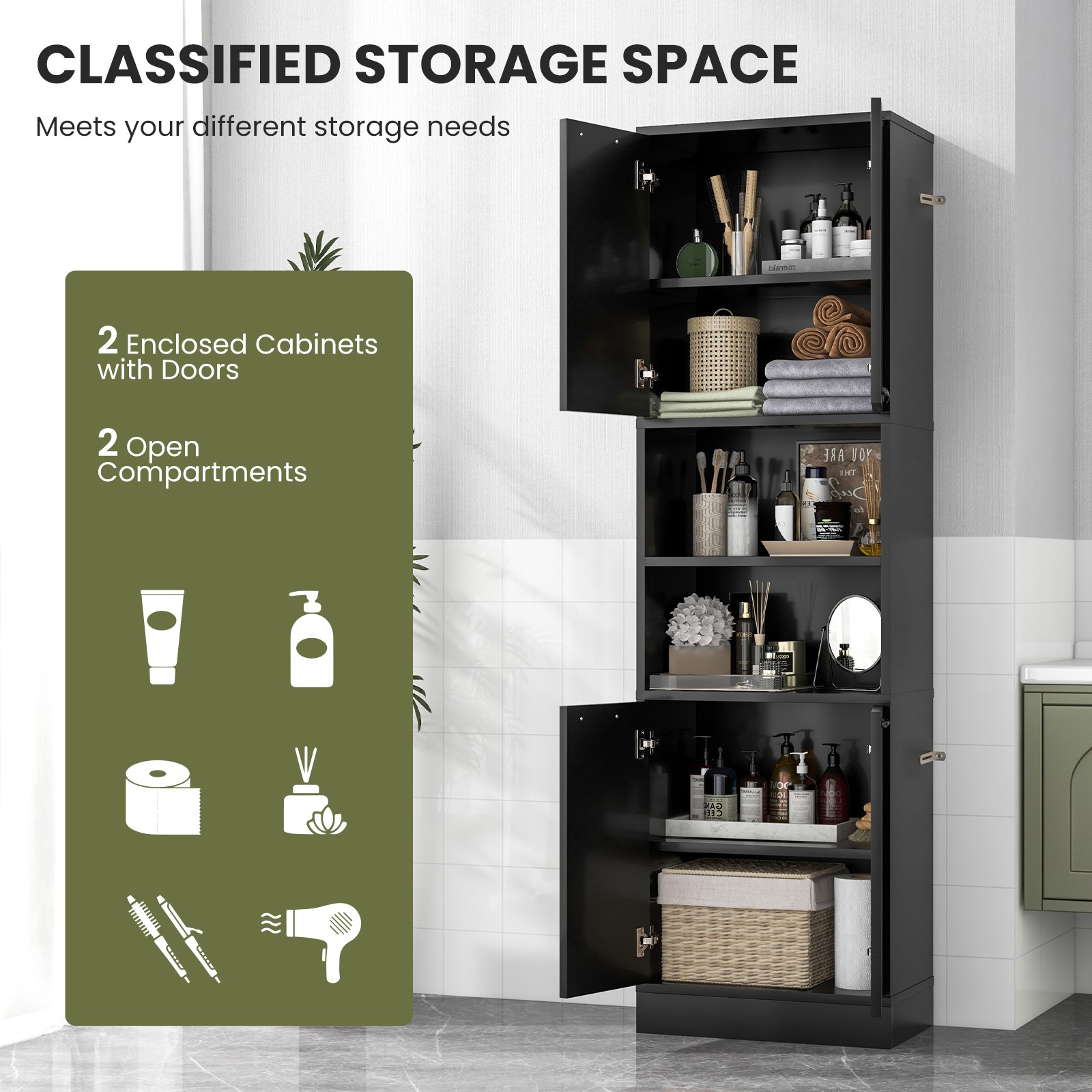 75″ Tall Bathroom Storage Cabinet Freestanding w/ 4 Doors & 2 Open Compartments