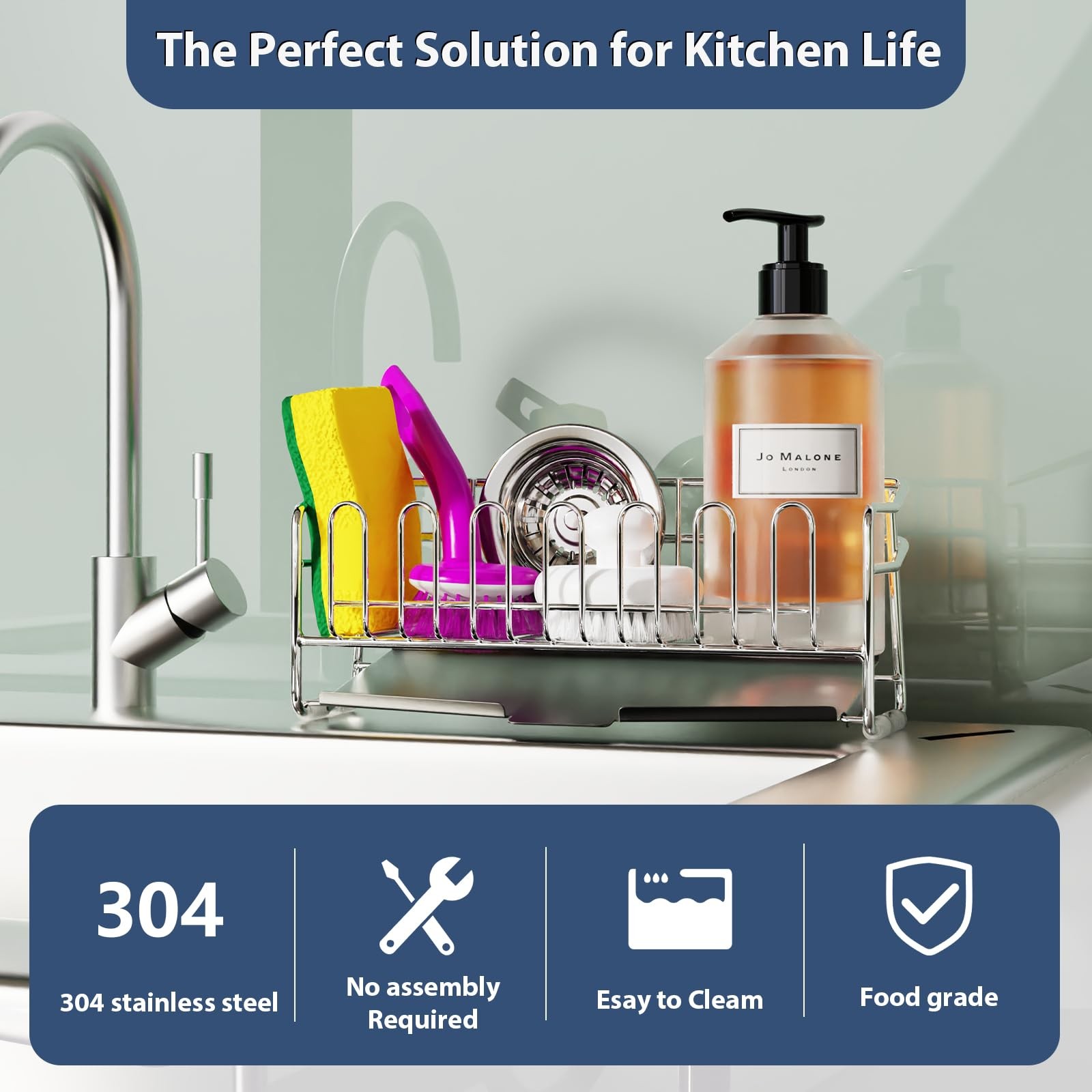 304 Stainless Steel Kitchen Sink Sponge Holder Compact Caddy 8.27×2.95×3.43 In