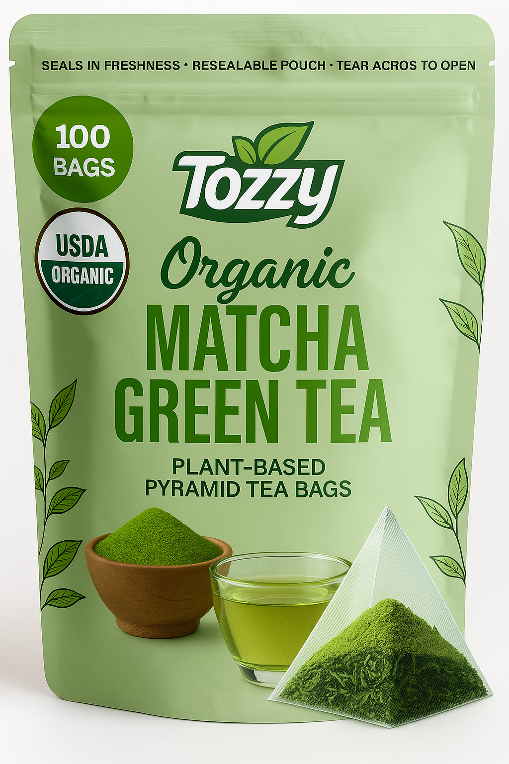 Organic Matcha Green Tea – 100 Count (Plant-Based Pyramid Tea Bags) | Ceremonial