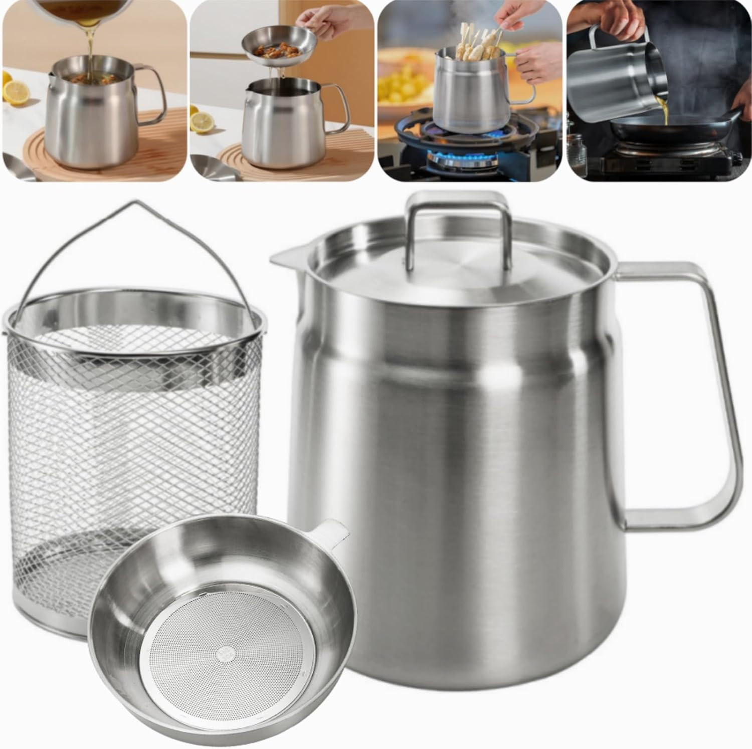 304 Stainless Steel Oil Filter Pot, 68 Oz Deep Fryer Pot with Strainer Basket,