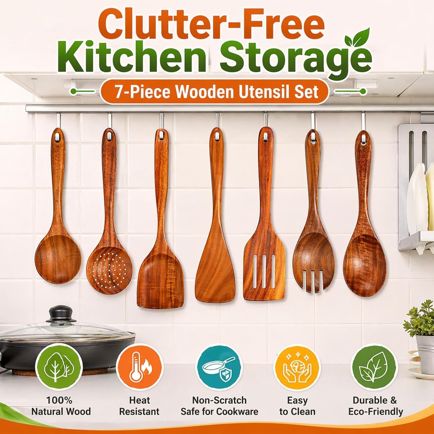 9 Piece Teak Wood Kitchen Utensil Set Heavy Duty Wooden Spoons for Cooking