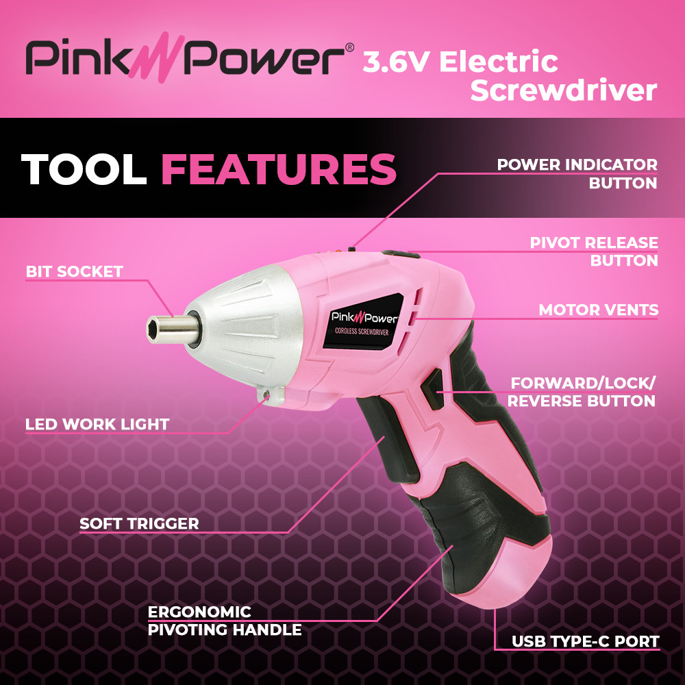 Pink Power PP481 3.6V Lightweight Electric Screwdriver Kit & Bit Set Handheld