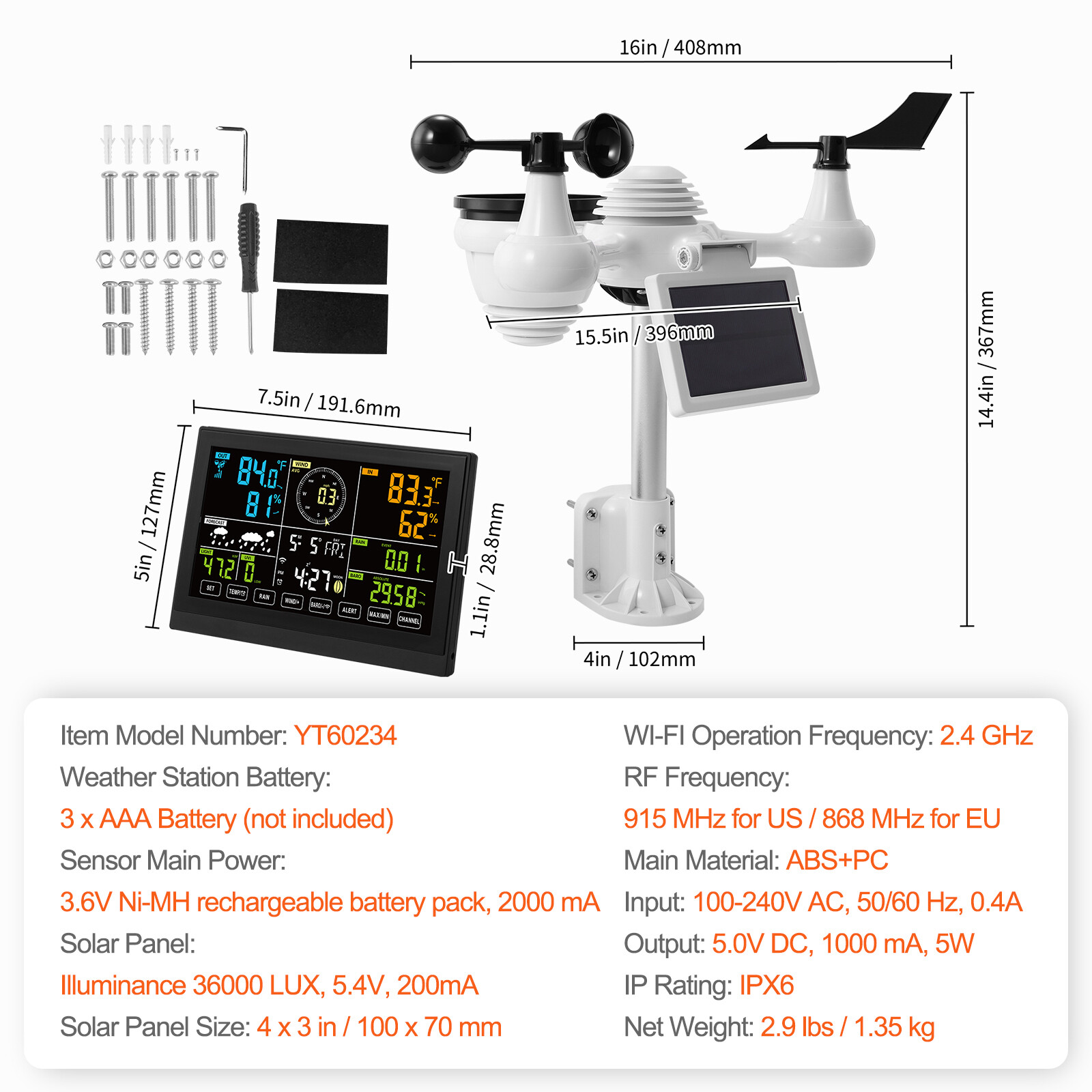 7-in-1 Wi-Fi Weather Station 7.5 in Color Display Wireless Outdoor Sensor