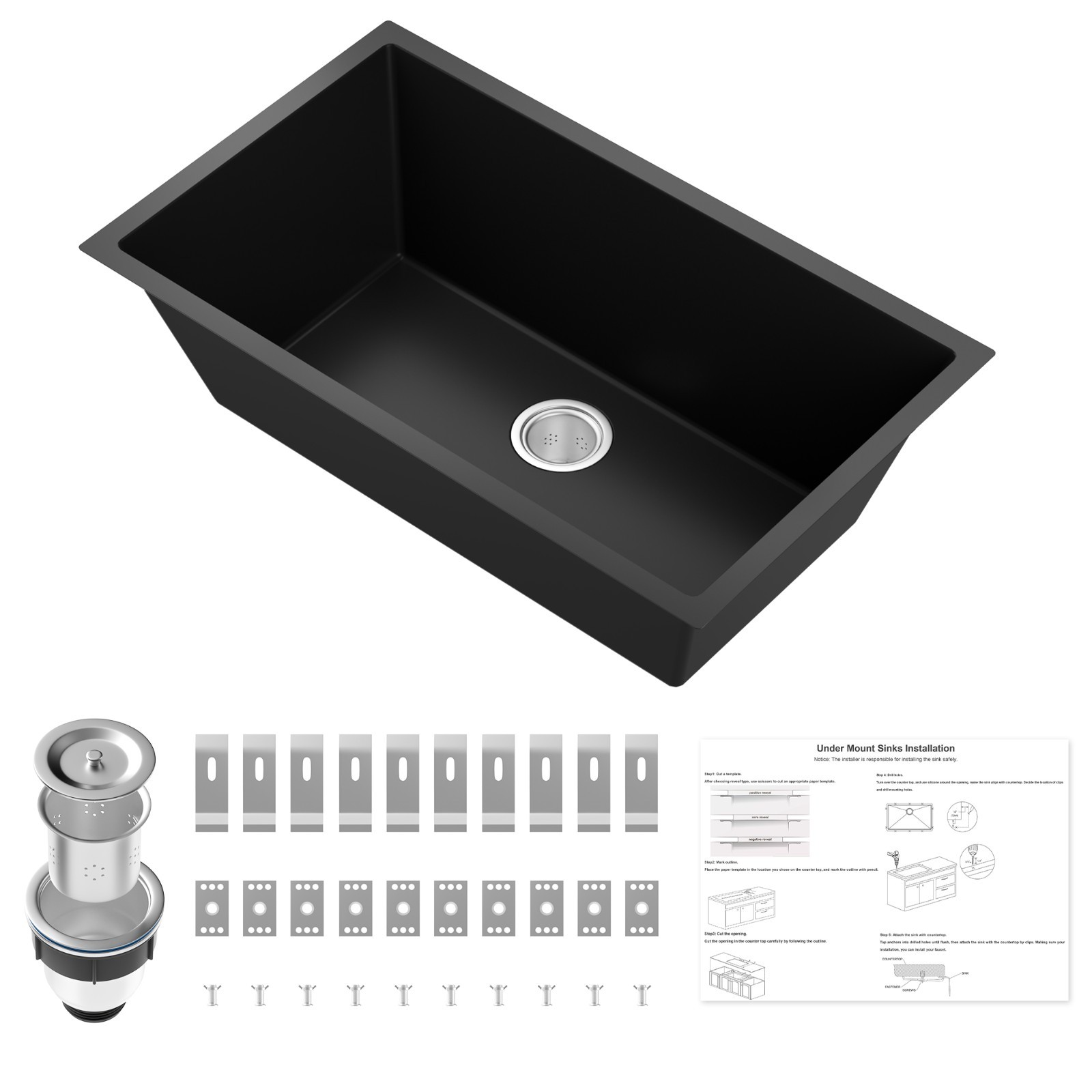 Black 30″ x18″ Large Undermount Kitchen Sink, Single Bowl Granite Composit