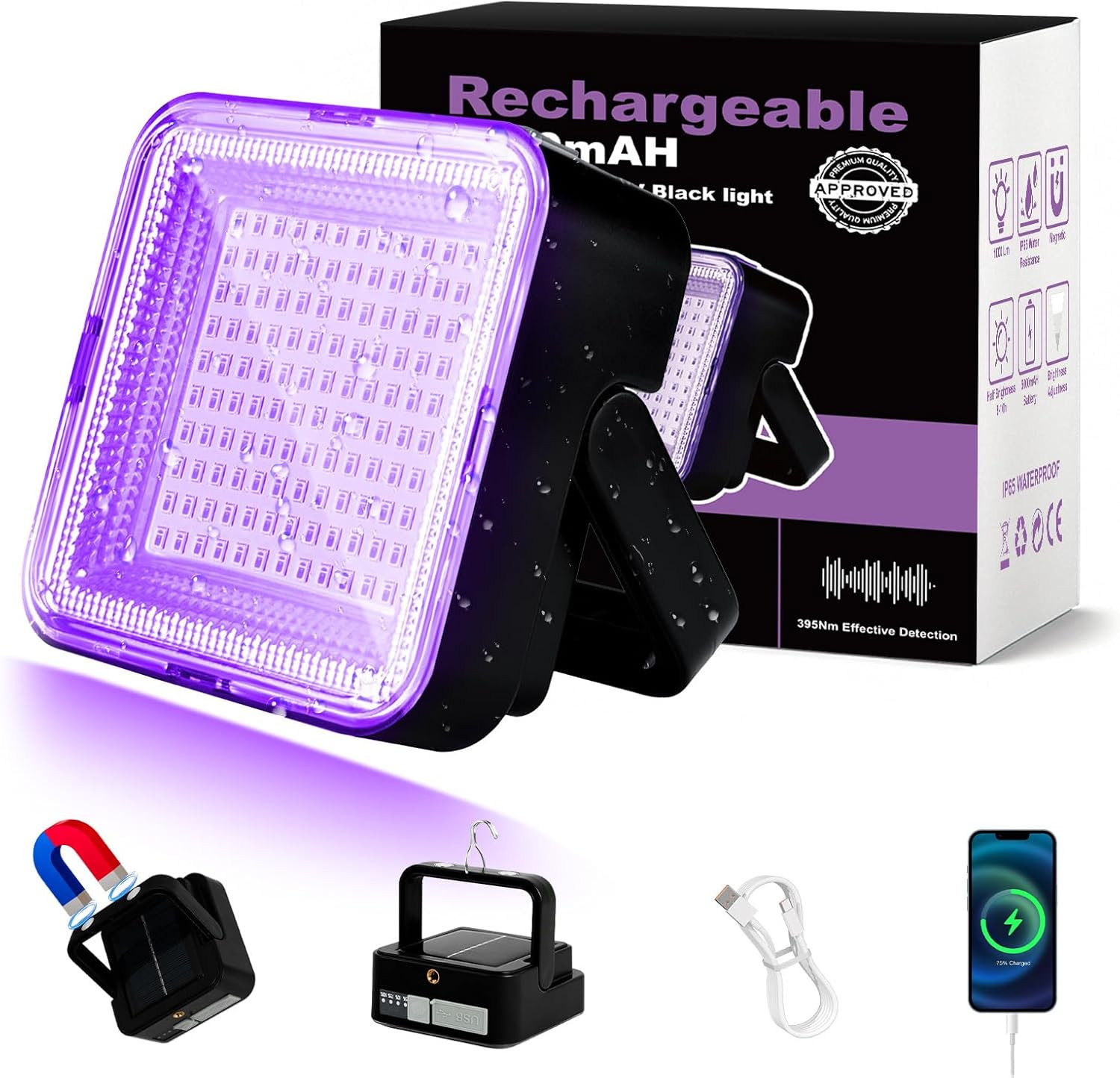 Rechargeable 5000Mah LED Black Light, 120 UV Led, IP65 Waterproof & Magnetic, Lo