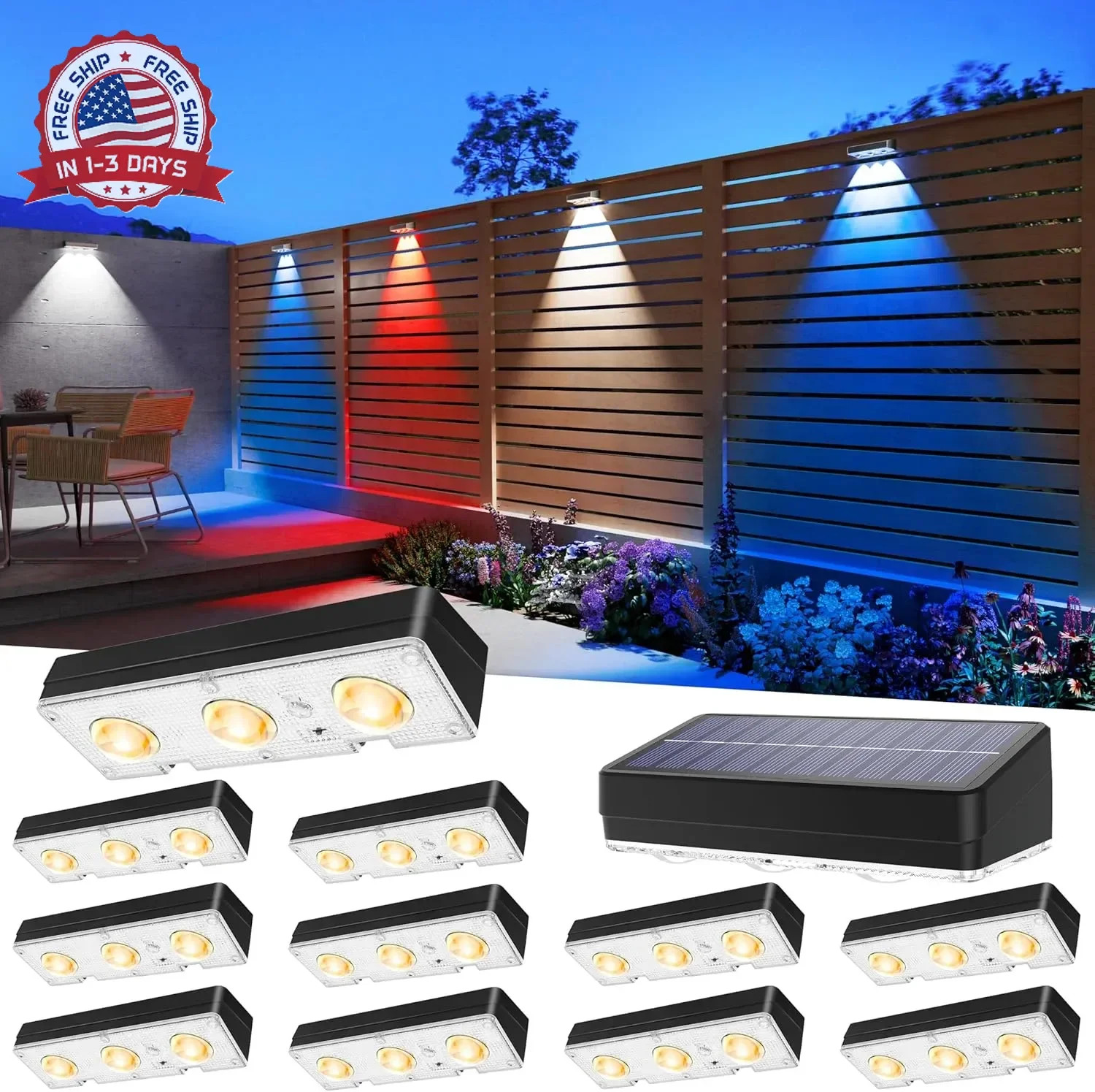 JOFIOS Solar Fence Lights Outdoor Waterproof Led, 12Pack,1300mAh,6 Inch Solar Li