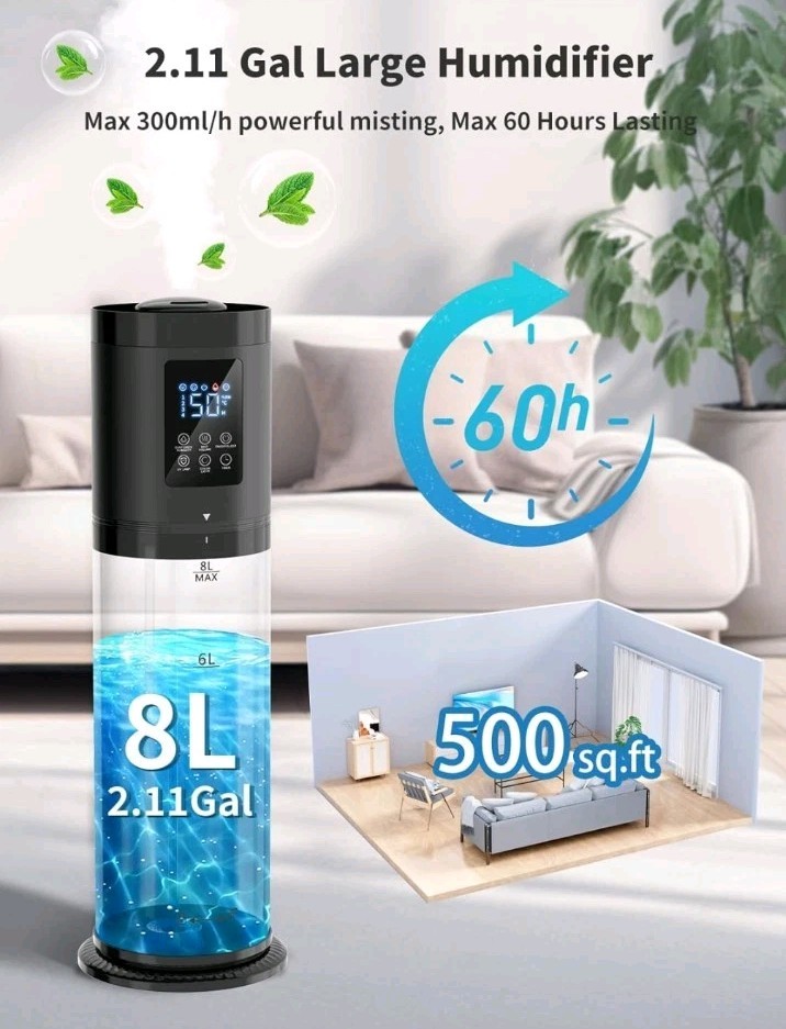 8L Smart Humidifier for Bedroom – 30dB Ultra Quiet, 60H Runtime, Aroma Diffuser