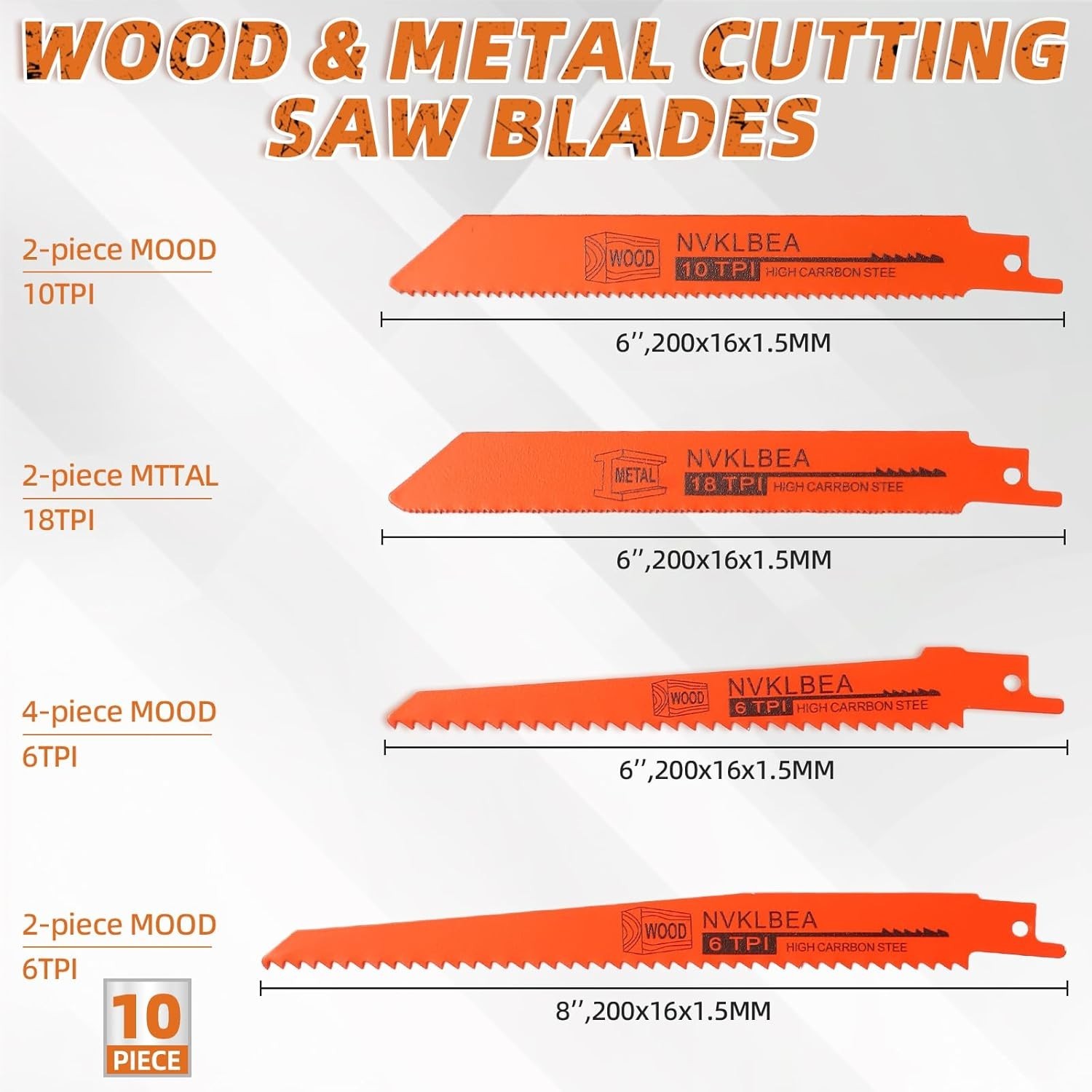 10-Piece Reciprocating Saw Blades 6 & 8 Inch Wood & Metal Cutting Saw Blades Pre
