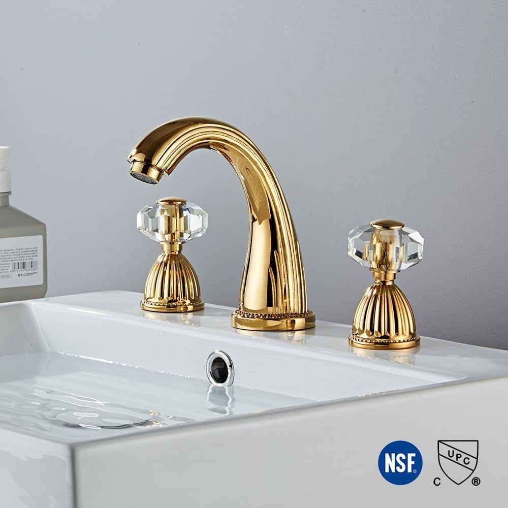 Shiny Polished Gold Widespread Bathroom Sink Faucet, Two Crystal Handle & Drain