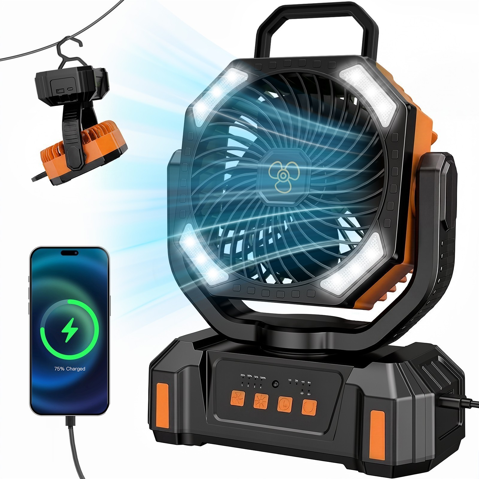 🎁20000mAh Portable Camping Fan Battery Powered Tent Light Fan W/ LED Light Fans
