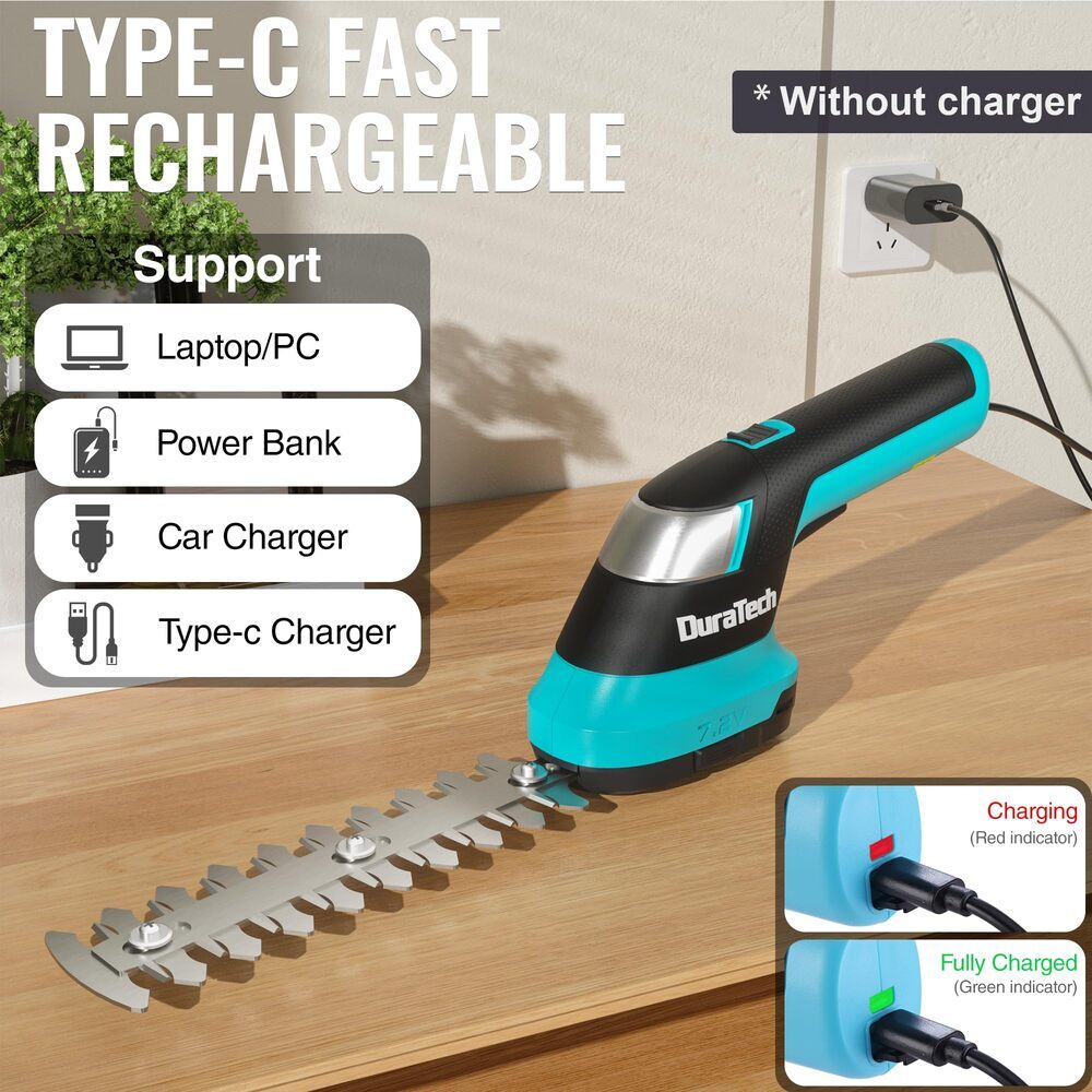 DURATECH 7.2V Cordless 3-in-1 Grass Trimmer & Hedge Shears w/50″ Pole USB Type-C
