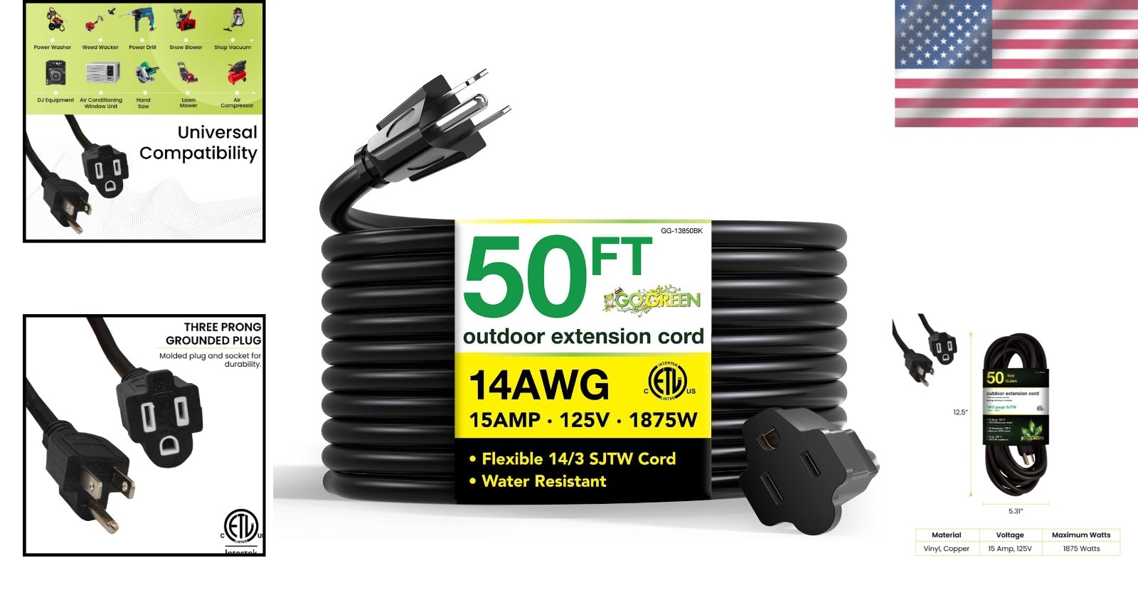 Go Green 50ft Heavy Duty Outdoor Extension Cord – Moisture Resistant Power