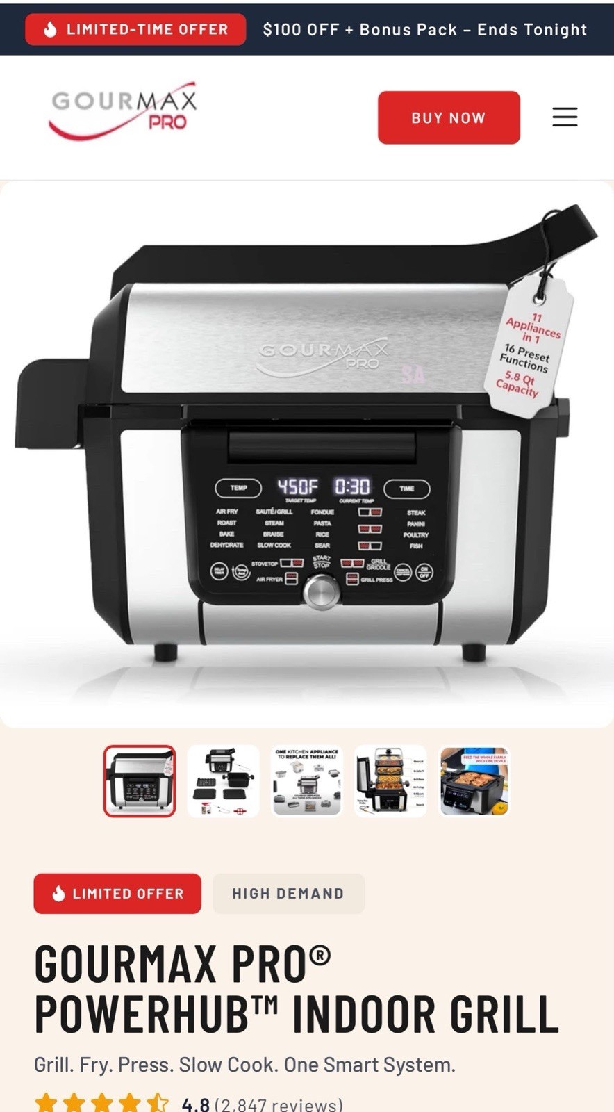 Gourmax Pro PowerHub Indoor Electric Grill Griddle Air Fryer, Removable Parts