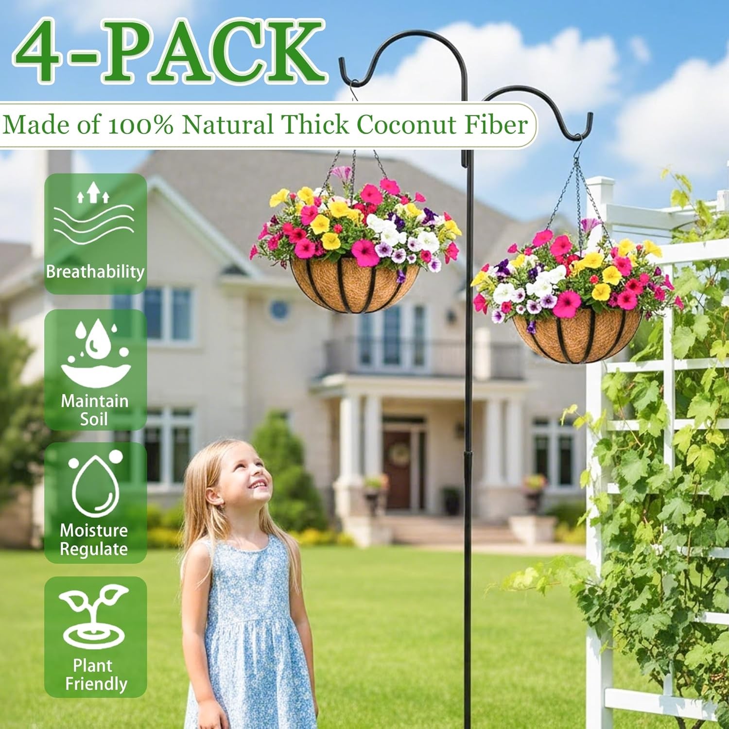 4 Pack 14in Metal Hanging Baskets with Coco Liner for Garden Decor