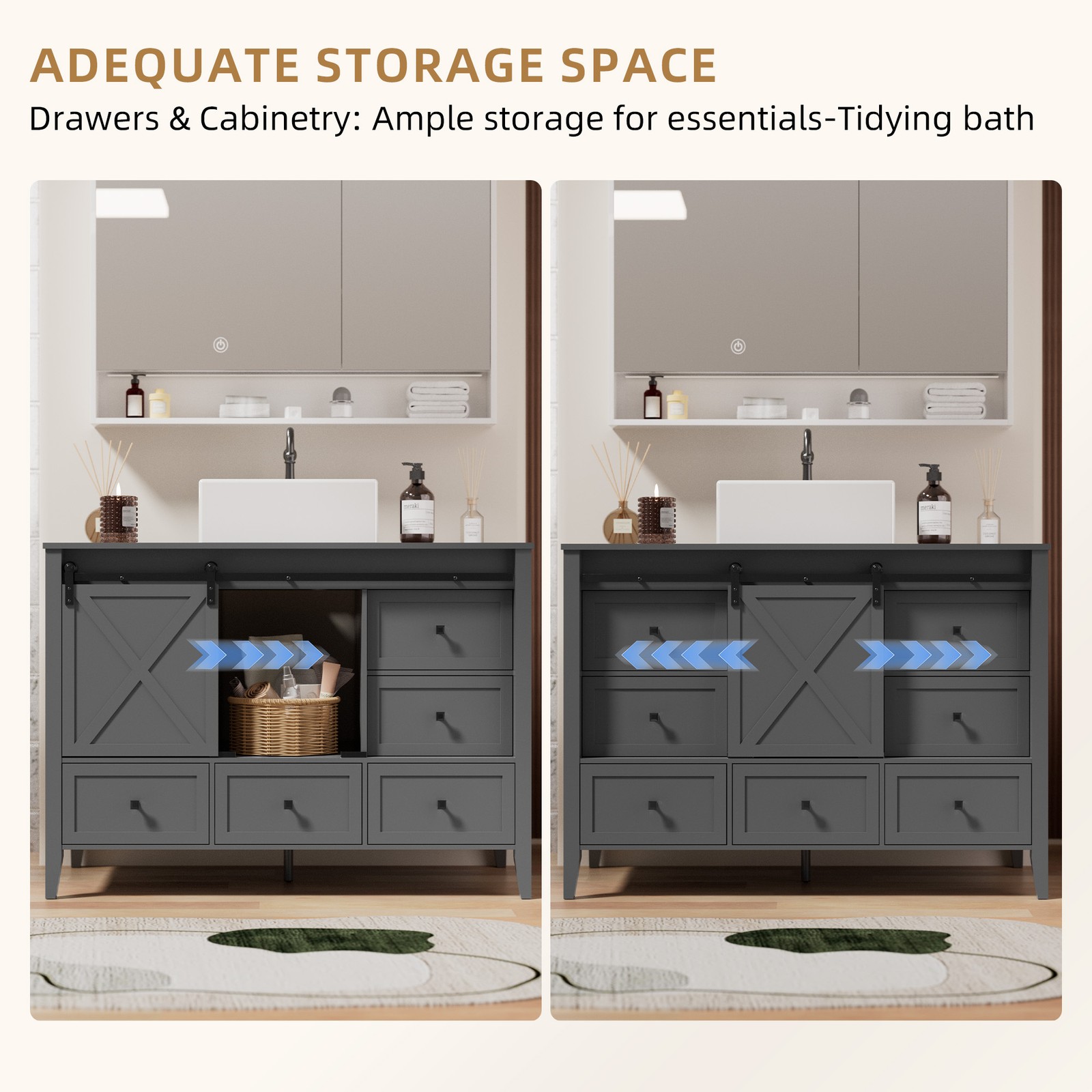 48″ Bathroom Vanity w/ Single Sink Ceramic Freestanding Storage Cabinet 7 Drawer
