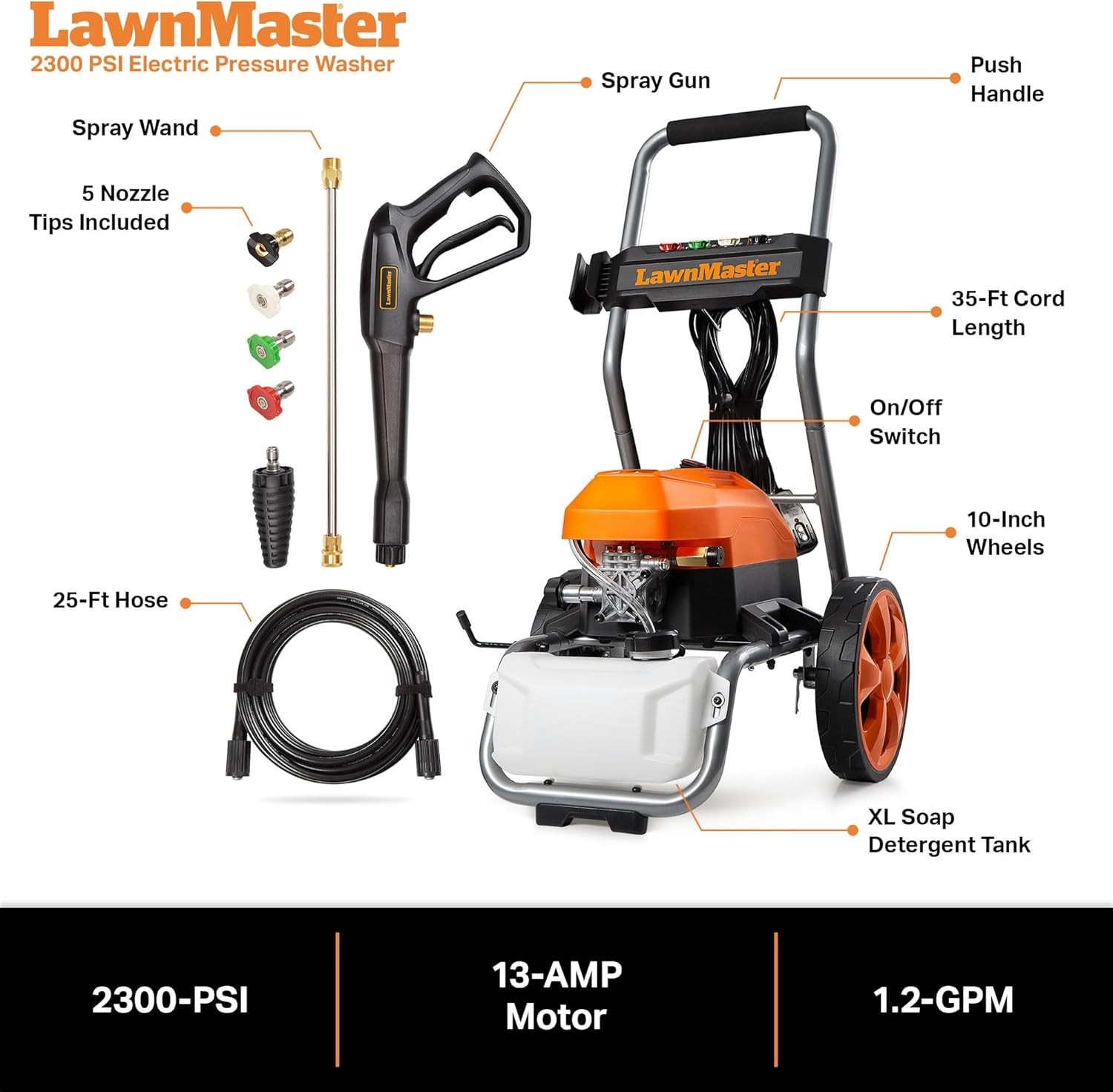 Compact 2300 PSI Electric Pressure Washer with XL Tank & 25-ft Hose for Easy Use