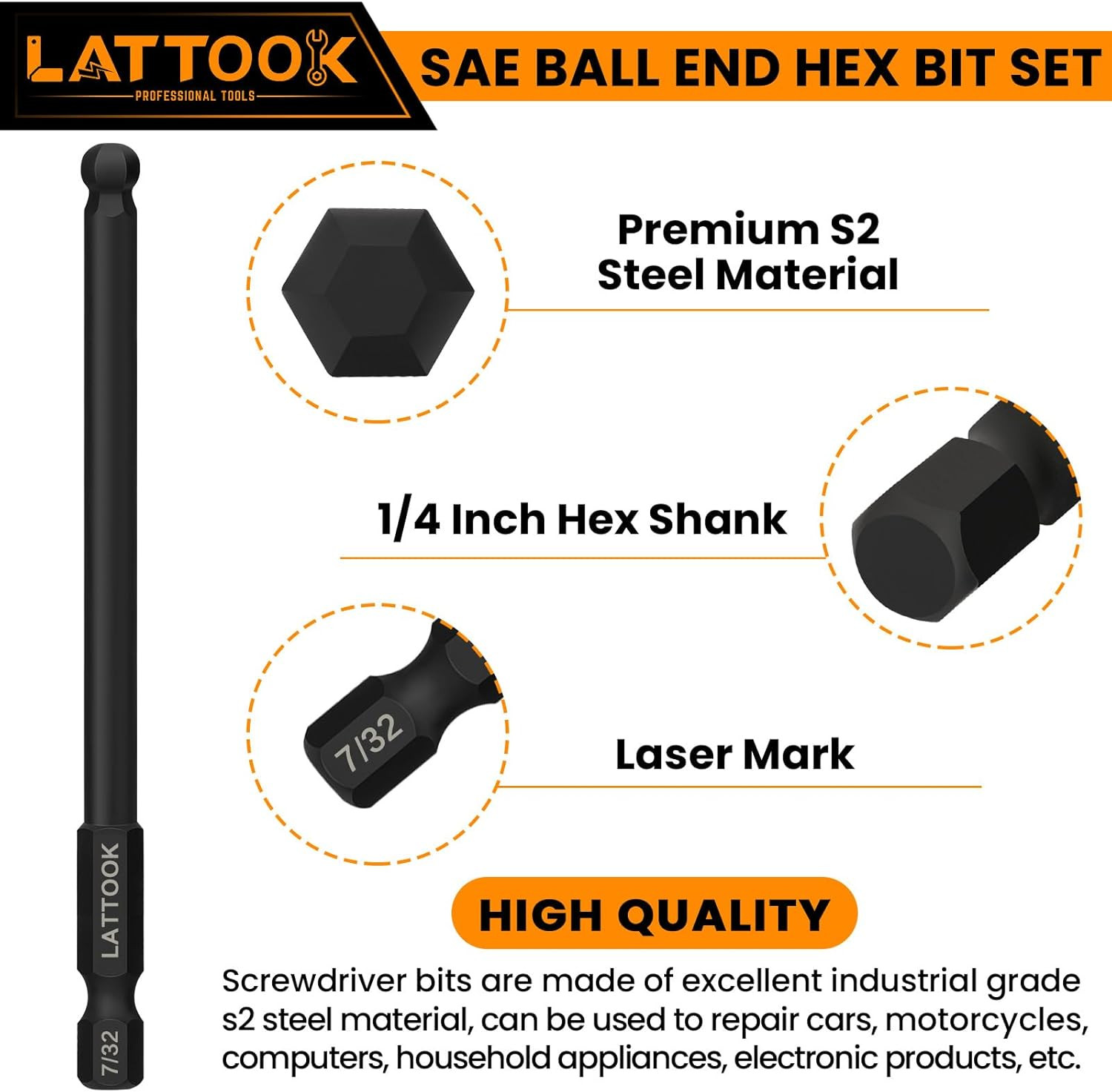 Ball End Hex Head Allen Drill Bit Set, 10PCS SAE 5/16” to 5/64” Ball End Hex B