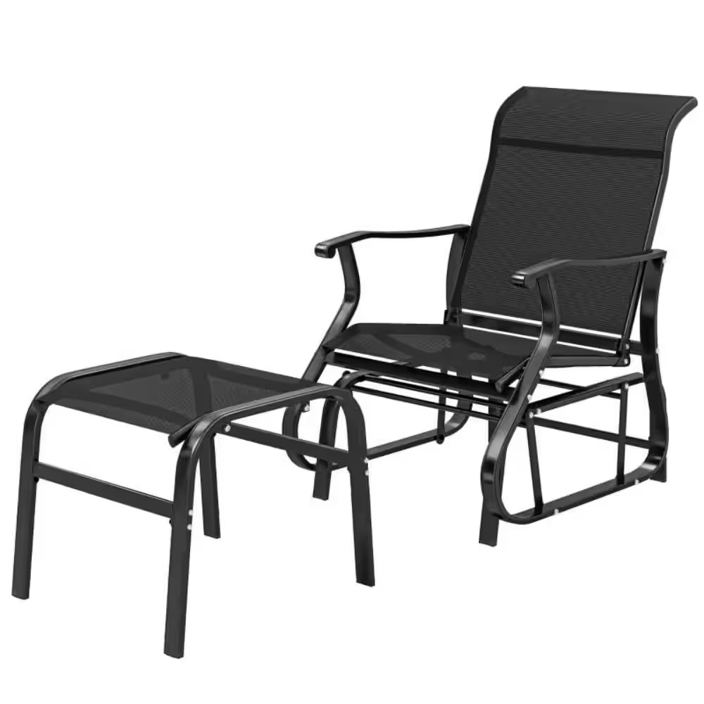 22 In. Black Metal Outdoor Glider with Ottoman 2-Piece Patio Glider Set with Hig