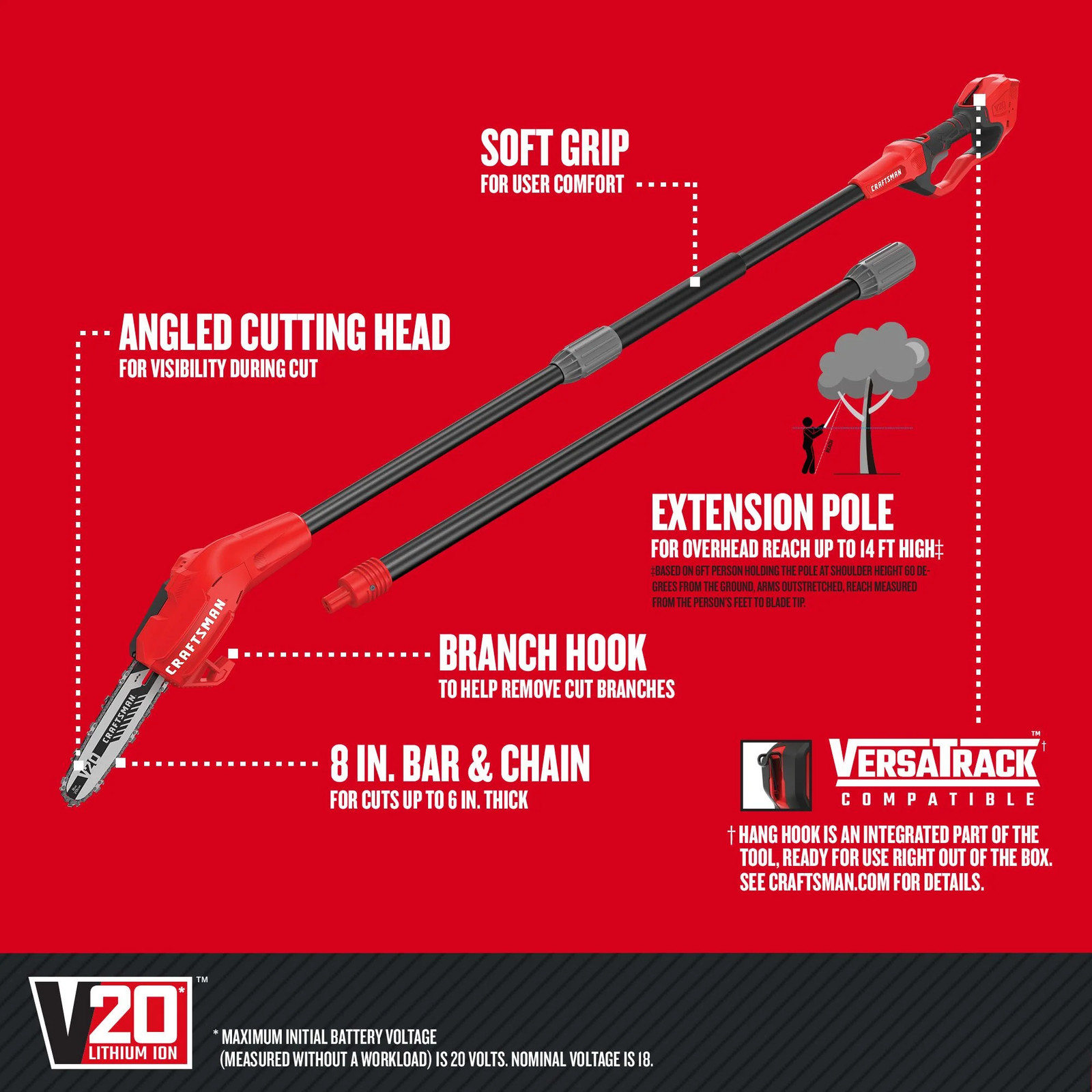 CRAFTSMAN V20* 8-in. Cordless Pole Chainsaw (Tool Only) – CMCCSP20B