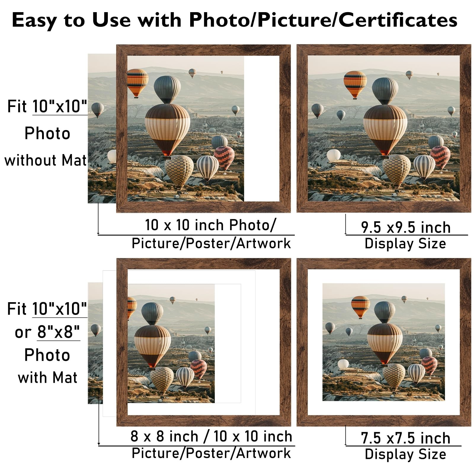 10X10 Picture Frame with Mat, Display 8X8 with Mat or 10X10 Without, Wood Square