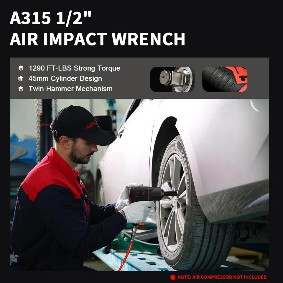 1/2-Inch Composite Air Impact Wrench(A315), Twin Hammer, 1290FT-LBS Max 8000RPM