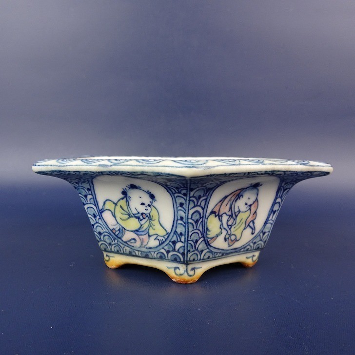 Shoseki Ishida Japanese Bonsai Pot Hexagonal Polychrome L11.8cm 4.6in Vintage