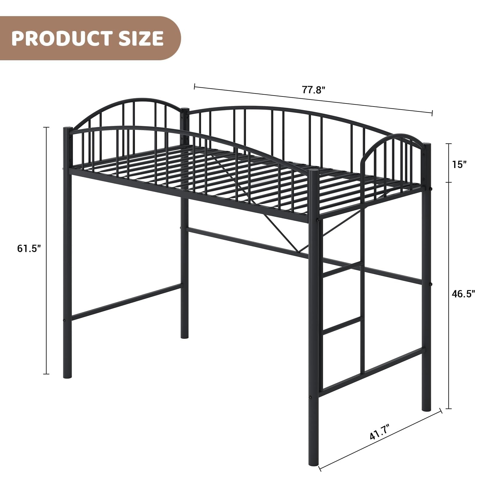 Metal Loft Bed Frame Twin Size, Sturdy with Safety Guardrail for Teens & Adults