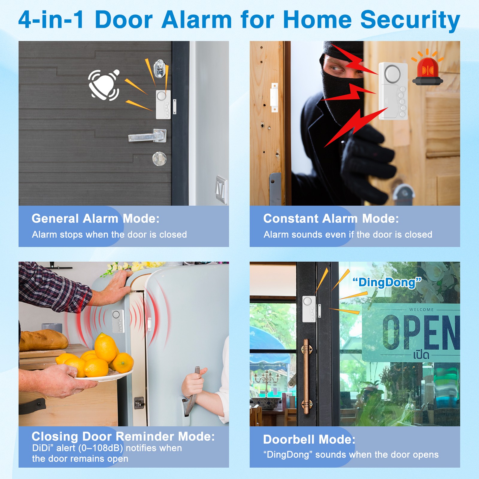 Loud 108dB Door Security Alarm 3/15/30/60S Delay 3Volumes 4Modes Anti-Theft 2PCS