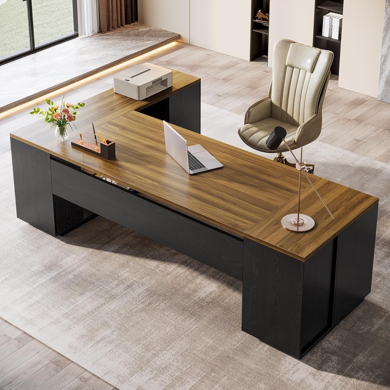 85.8-Inch L-Shaped Executive Desk, Large Office Computer Desk with File Drawers