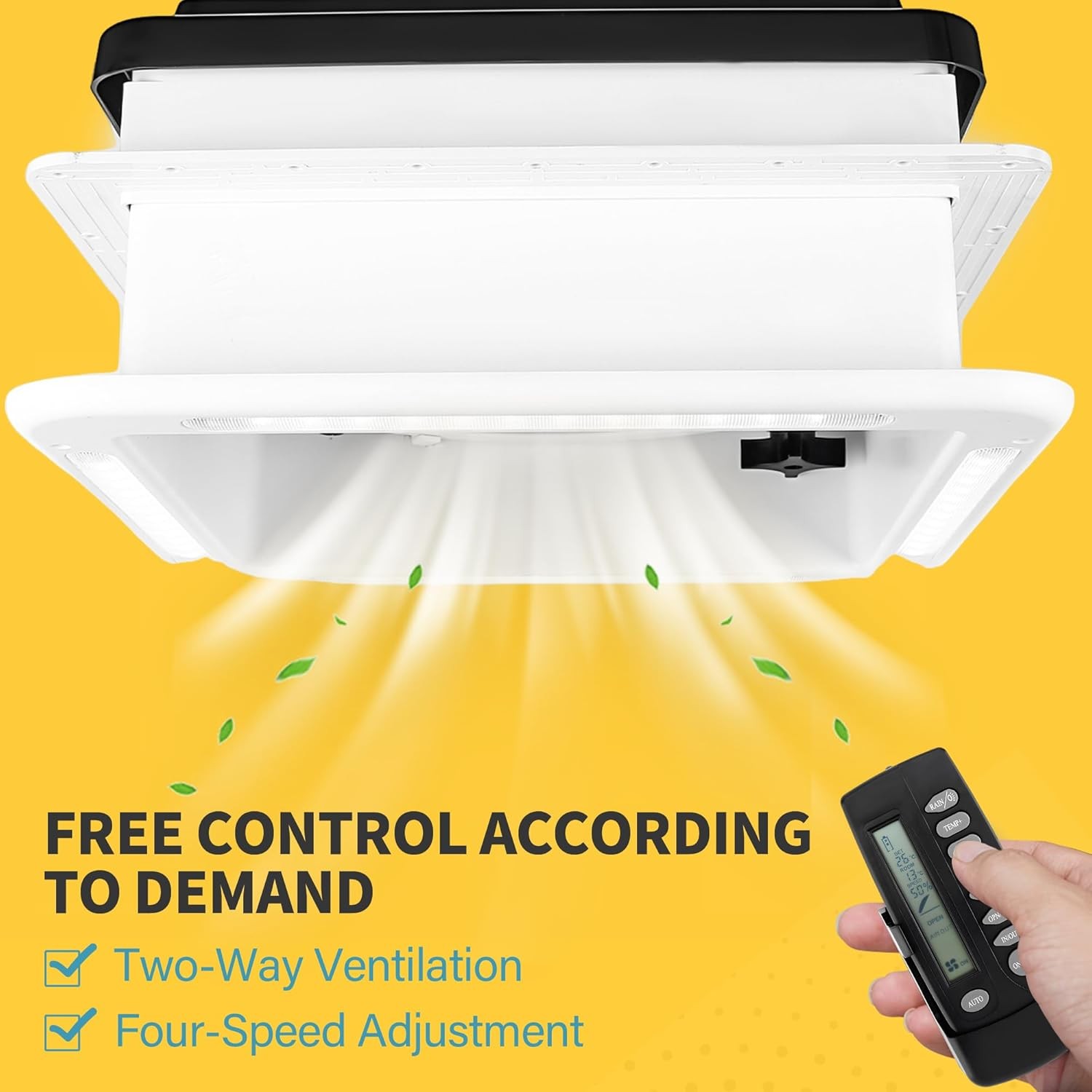14″ RV Roof Vent Fan w/LED Light – Rain Temperature System, Stepless Speed Regul