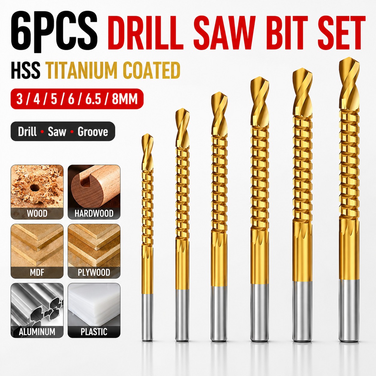 6PCS Titanium Drill Bit Tool Set,3-8mm Twist Drill,For Wood Metal Grooving