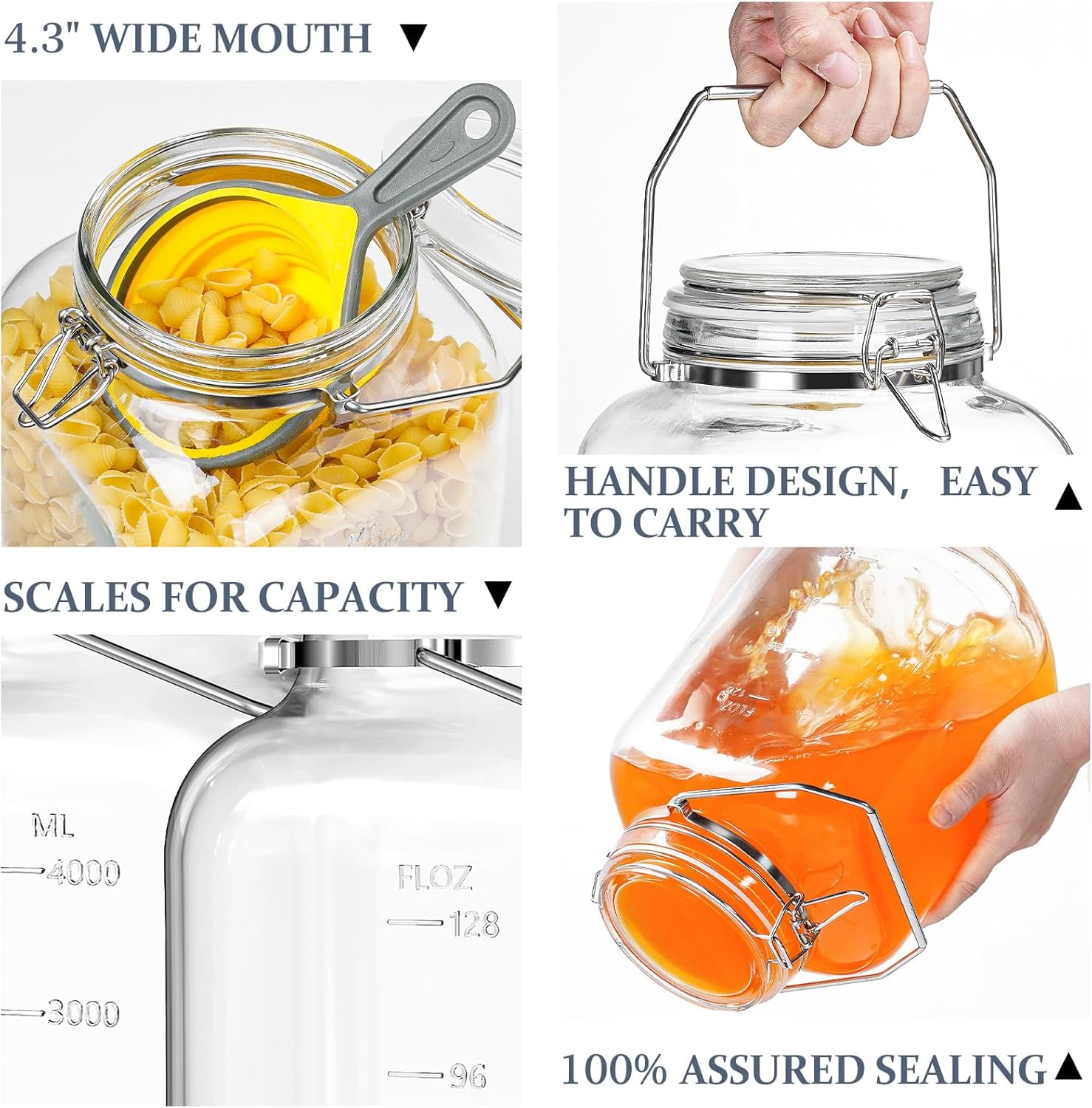 Folinstall 2 Pack 1.5 Gallon Glass Jar with Airtight Lid, 192 Oz Square Wide Mou
