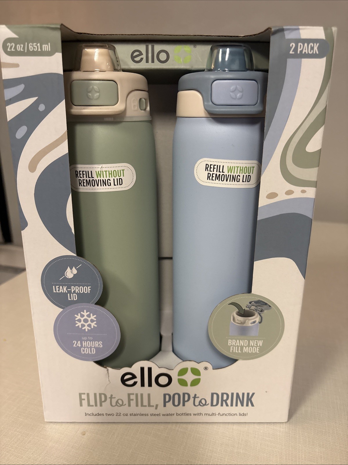Ello Flip To Fill 22oz 2-Pack Stainless Steel Water Bottle Lock Lid 24hrs Cold