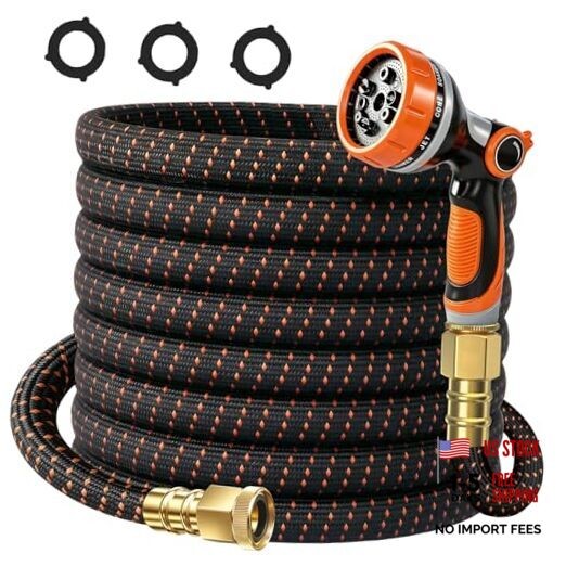 50FT Flexible Garden Hose & 10Modes Nozzle,None Expanding 50 Feet Orange-Black