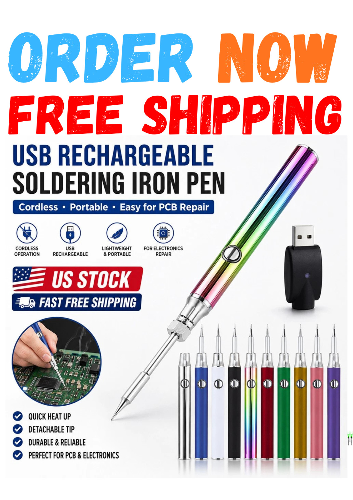 1100mAh USB Rechargeable Cordless Soldering Iron Pen Kit with 3 Temp Settings US